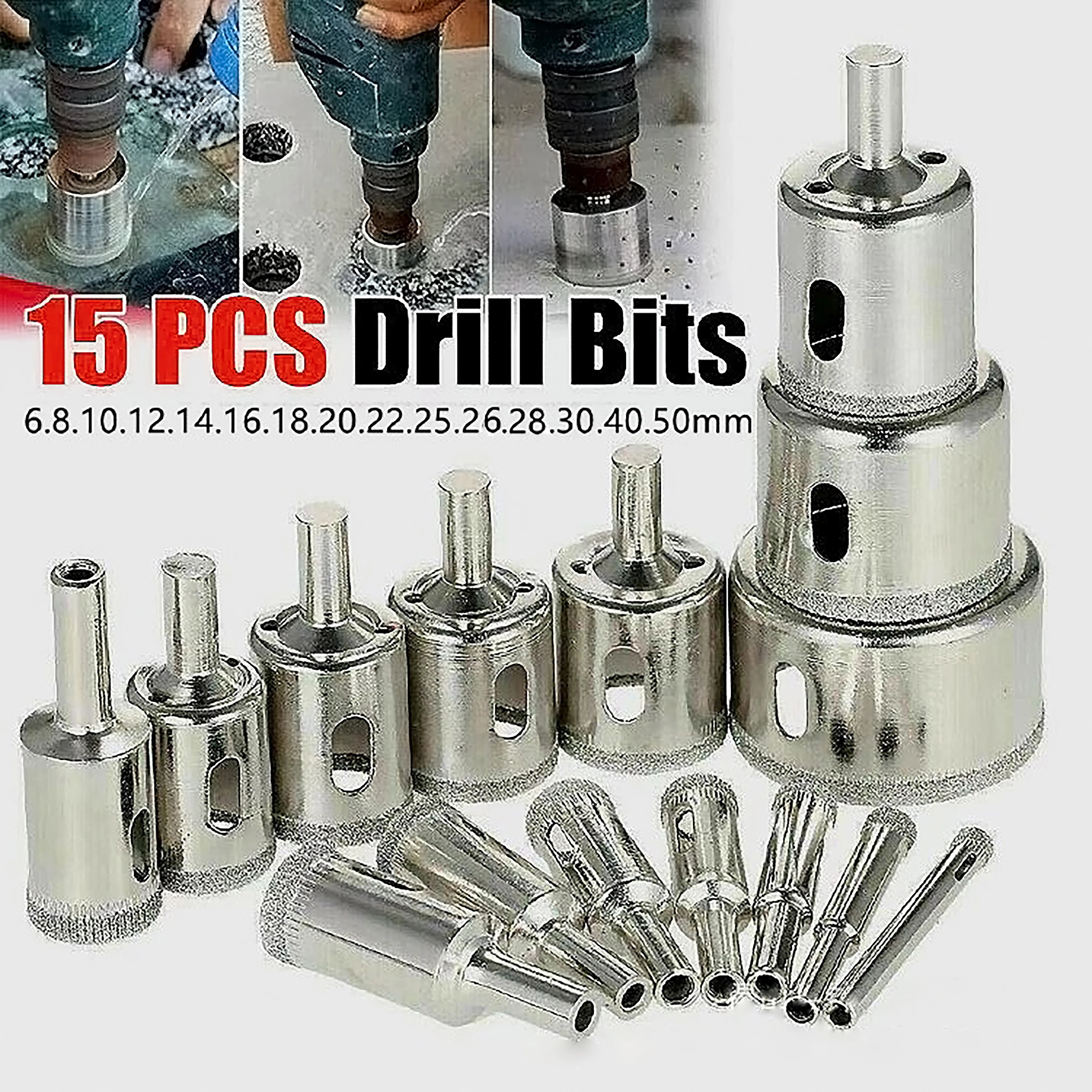 10 pces/15 pces 3-50mm diamante revestido buraco viu núcleo broca para telha de porcelana mármore vidro cerâmica ferramentas de corte broca