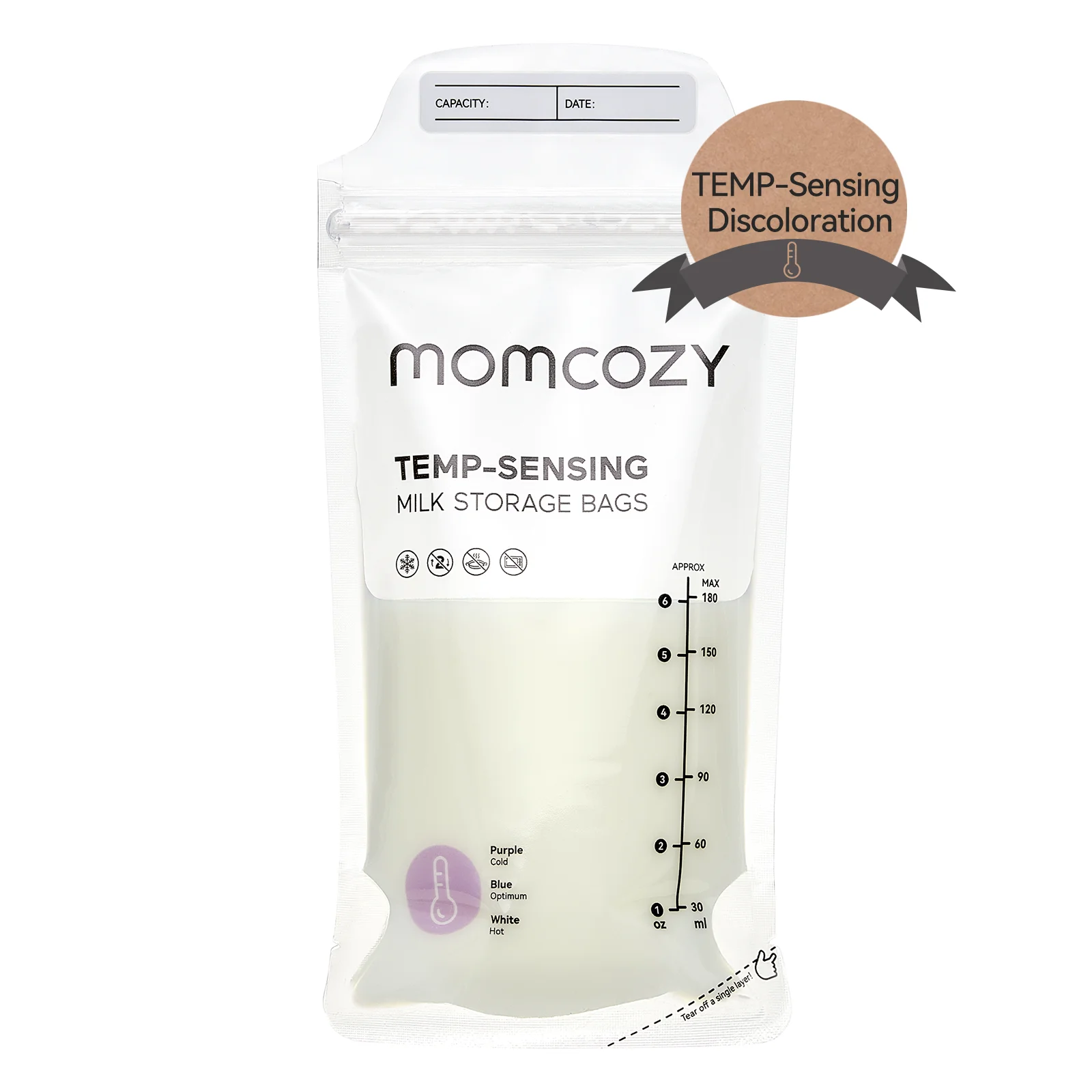 Sacos descartáveis para armazenamento de leite materno Momcozy, descoloração com sensor de temperatura, autônomo de 6 onças, bolsa de armazenamento para freezer de leite sem vazamento
