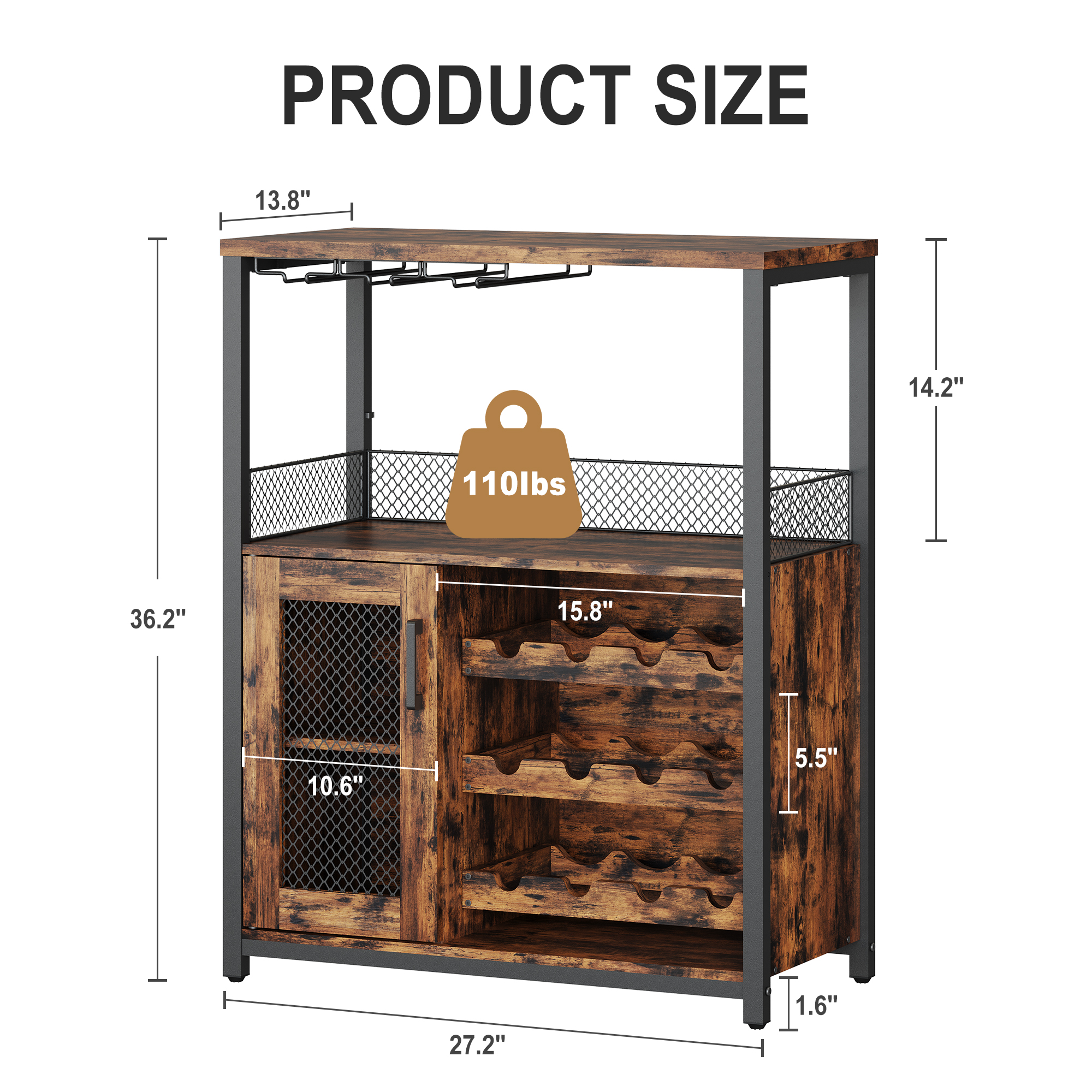 36" Wine Bar Cabinet with LED Lights - Adjustable Glass Shelves Liquor Storage, Curio Cabinet for Kitchen Counter, Dining Room