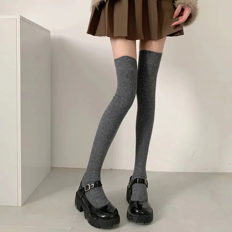 Calcetines mujer Otoño e Invierno grueso cálido Color sólido hasta la rodilla medias negro blanco rayas verticales calcetines altos hasta el muslo para mujer