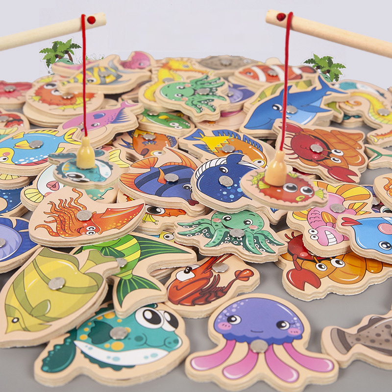 Brinquedos de pesca magnéticos conjunto de jogo para crianças montessori de madeira dos desenhos animados vara de pesca brinquedos educativos festa de aniversário toddle presentes