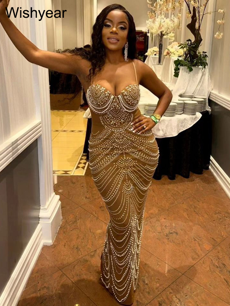 Neue Luxus Sparkly Kristall Strass Perle Prominente Kleid Braun Kleid Frau Strap Abend Party Geburtstag Prom Hochzeit Vestido