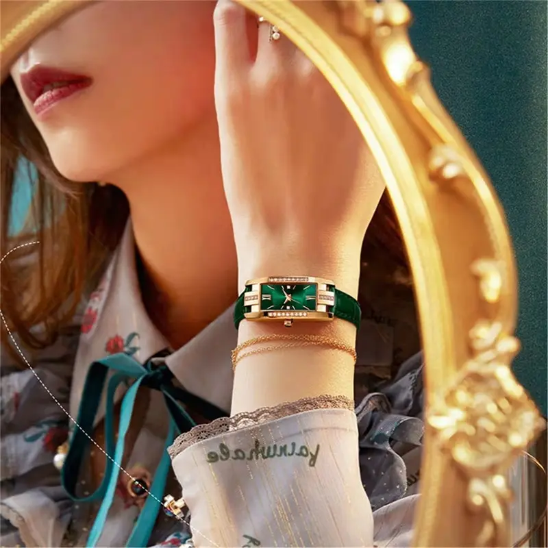 Relojes cuadrados de moda para mujer, reloj de cuarzo para mujer, conjunto de pulsera de cuero simple con esfera verde, relojes de lujo para mujer