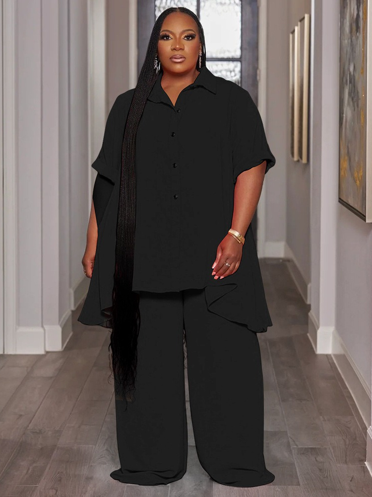 Wmstar-レディースツーピースセット,カジュアルウェア,無地,ボタン付きワイドレッグパンツ,ラージサイズ5xl,卸売り,直送