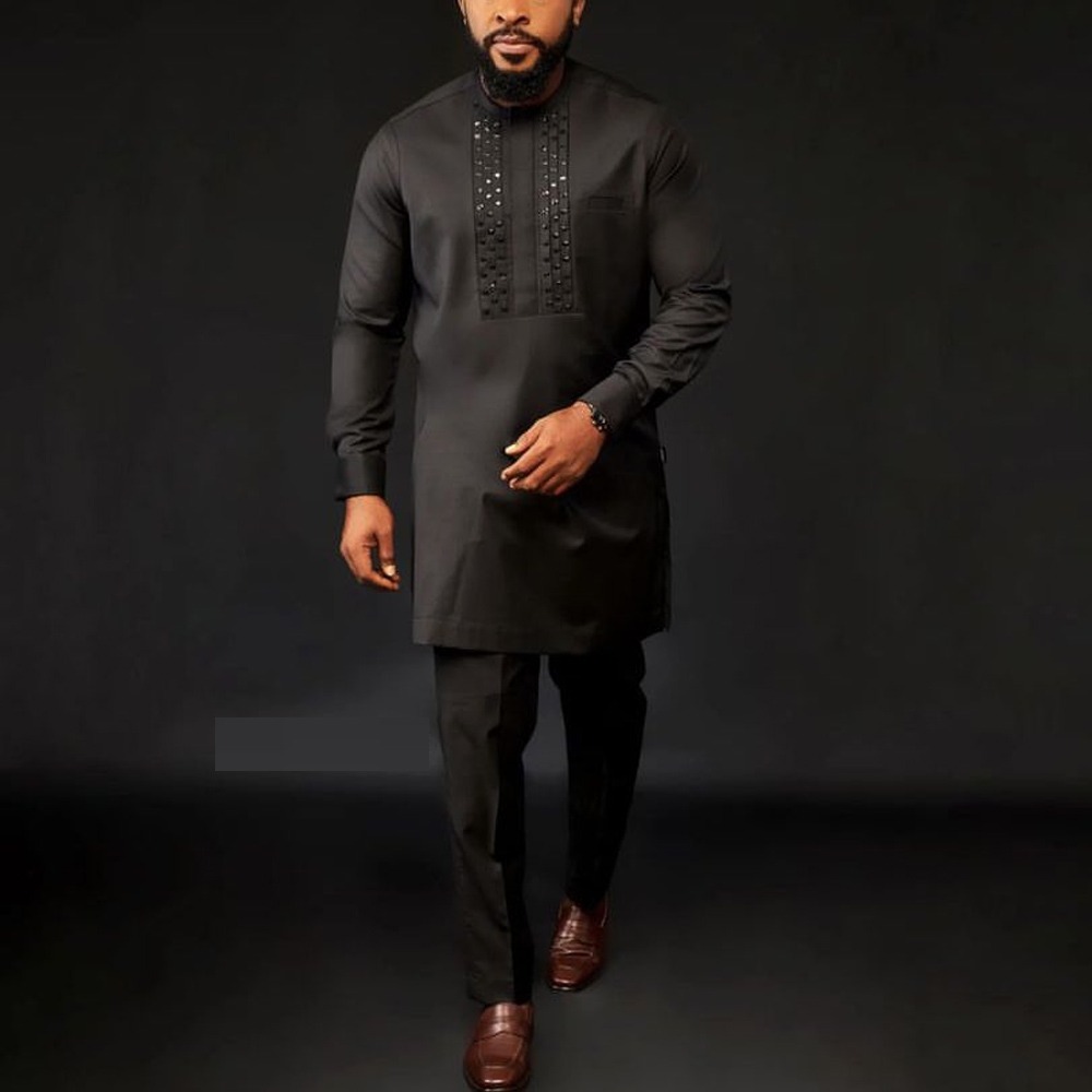 2024 ใหม่ Kaftan ชายชุดแอฟริกันสไตล์ชาติพันธุ์แขนยาวปักชายเสื้อผ้าแบบดั้งเดิม 2 ชิ้น