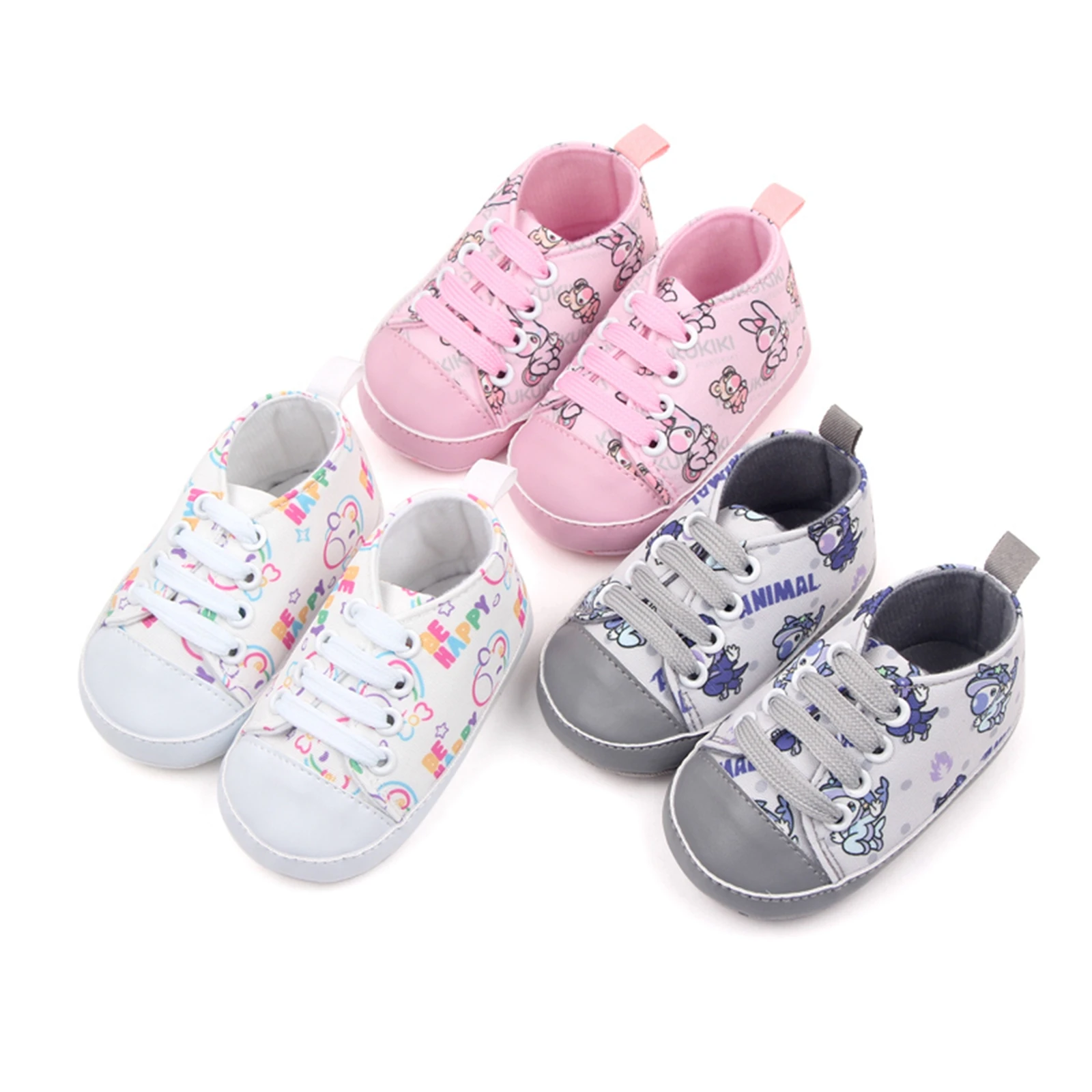 เด็กทารกเด็กหญิงรองเท้าเปลการ์ตูนพิมพ์ Tie-Up รองเท้าผ้าใบลื่นทารก First Walkers 0-18M