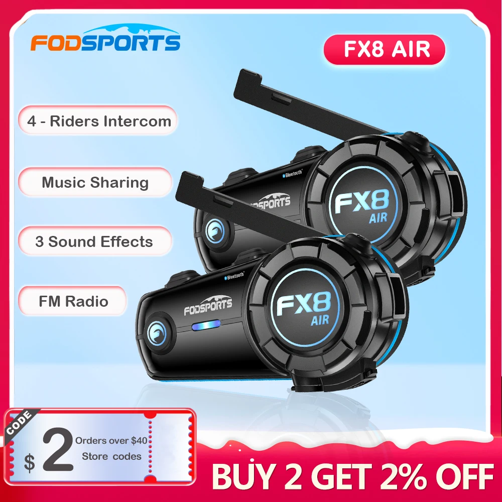 Fodsports FX8 Воздушный домофон Гарнитура для мотоциклетного шлема 4 гонщики Bluetooth-гарнитуры 1000 м Мотодомофоны, музыкальное разрешение, FM, водонепроницаемость
