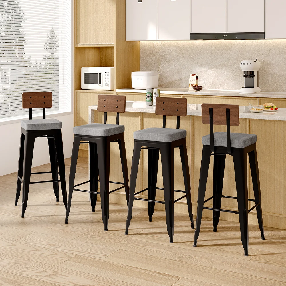 2Pcs Metal Breakfast Bar Stools with Cushions and Backrest,Grey