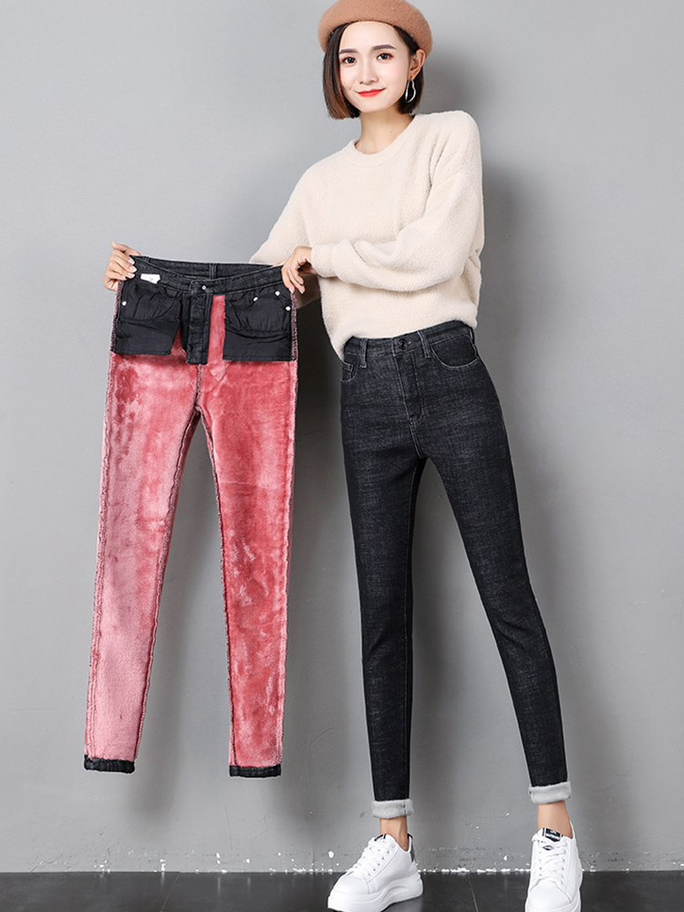 Vaqueros gruesos y cálidos para mujer, pantalones pitillo ajustados elásticos, pantalones vaqueros ajustados informales de cintura alta para mujer, ropa de invierno, moda