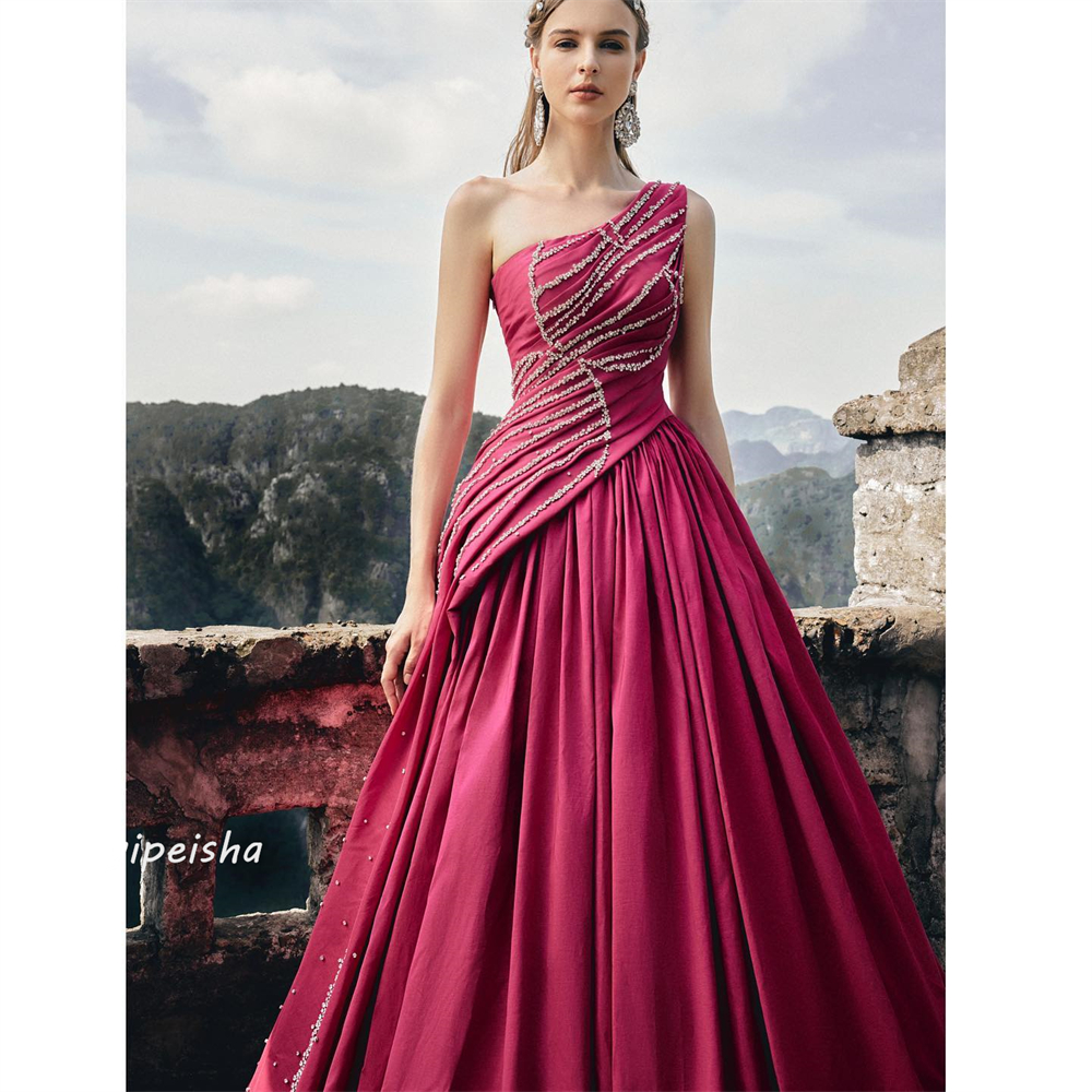 Customized Jersey Sequined Beading Ruched Clubbing A-line One-shoulder Bespoke Occasion Gown Long Dresses