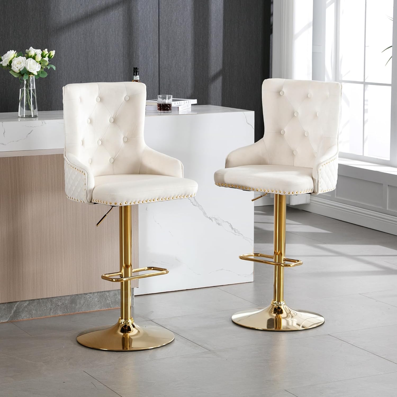 Bar Stool Set of 4 Golden Lion Pull Ring Swivel Chair for Kitchen Counter Nailhead Upholstered Barstools Height Adjustable