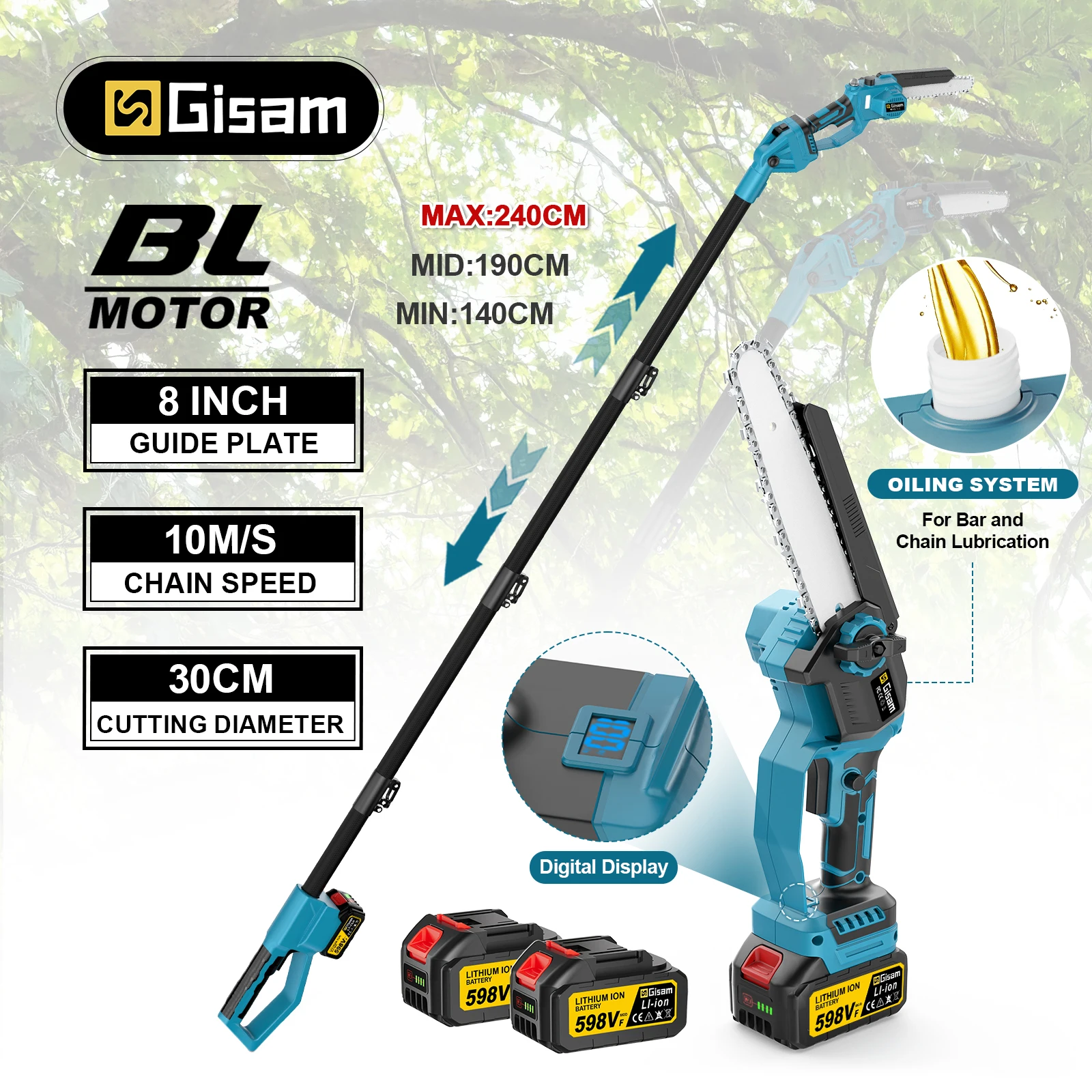 Gismo sem escova telescópica pólo motosserra elétrica sem fio alta bracn viu 2 em 1 ferramenta de poda de jardim para makita 18v bateria pino