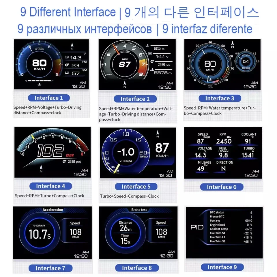 Newest A501 Gauge Head Up Display OBD2 Smart Car HUD Digital Odometer Security Alarm Turbo Water&Oil Temp RPM Auto Meter