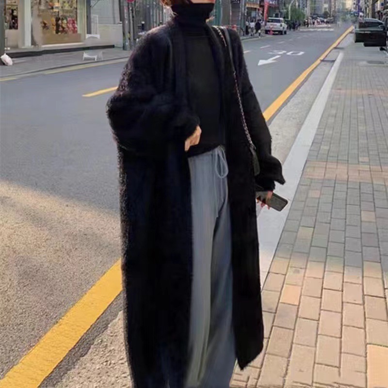 Outono e inverno solto e preguiçoso estilo casaco de malha aberta, grosso na altura do joelho imitação de pele de vison camisola de manga comprida, jaqueta quente