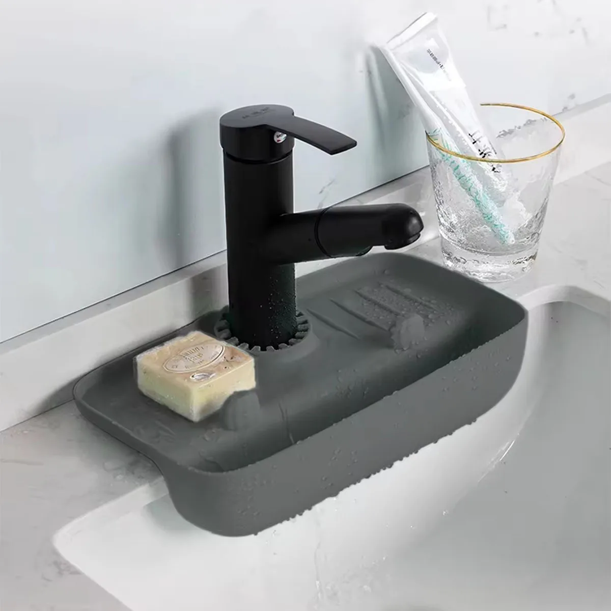 Rack de drenagem de pia de silicone, torneira doméstica à prova de respingos, almofada de coleta de água, pano de esponja, caixa de armazenamento de dispositivos de lã de aço