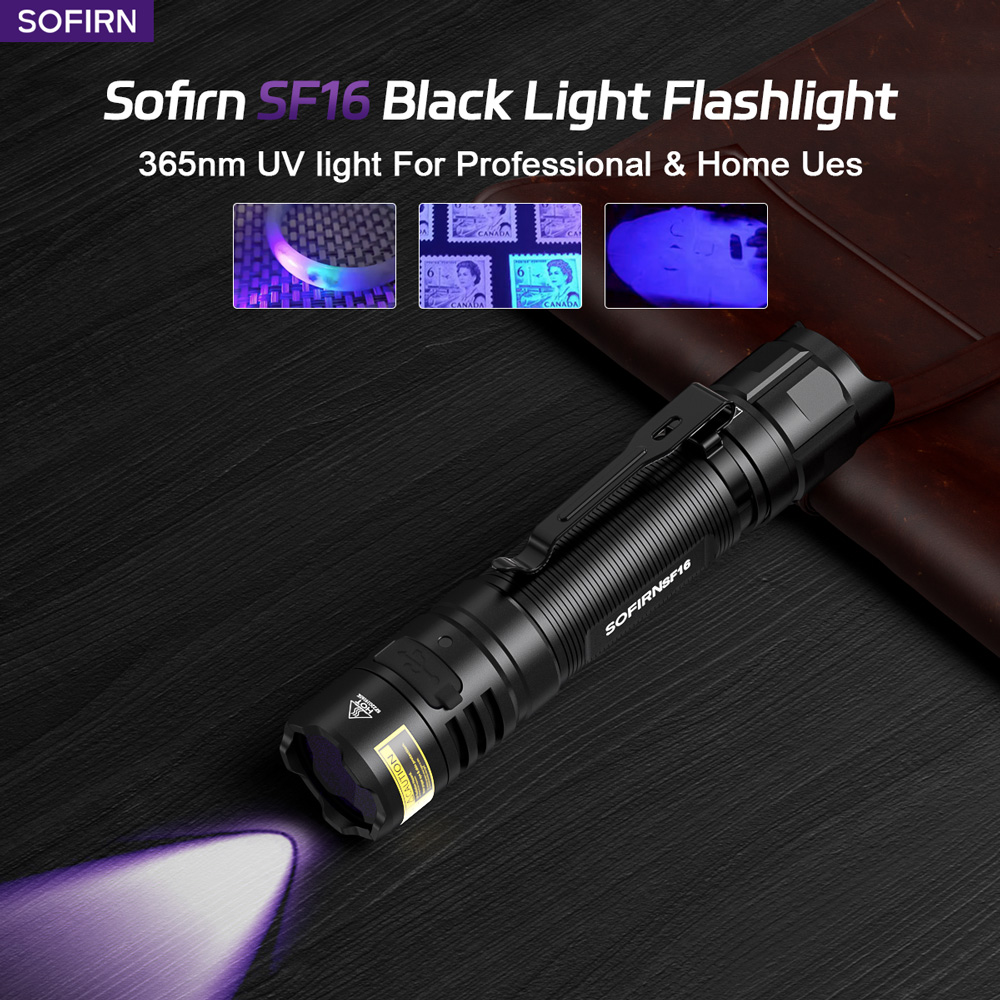 Sofirn SF16 SST08 UV Flashlight 365nm Portable 18650 USB C Rechargeable Ultraviolet Torch for Detection/Pet/Urine/Stains
