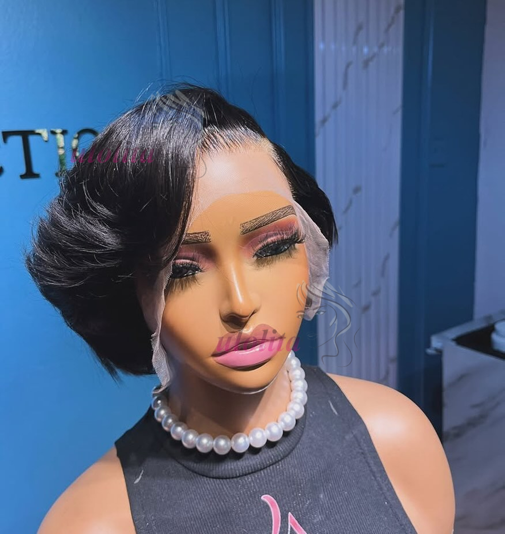 卸売 1/2/5 個 13 × 4 レースフロントショートピクシーカットストレート波状人毛ウィッグ 200% 密度レースフロントウィッグ黒人女性のための