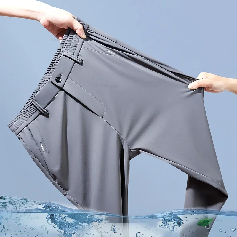 Pantaloni casual da uomo elastici ultrasottili Pantaloni estivi in tinta unita da lavoro dritti slim in seta di ghiaccio ad asciugatura rapida Nero Grigio