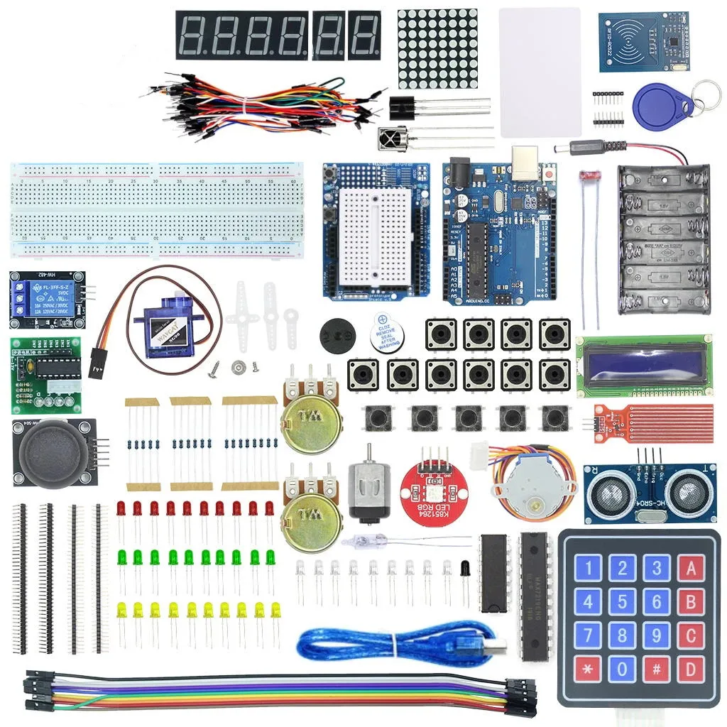 Kit de inicio para Arduino Uno R3 - Uno R3 Placa de pruebas y soporte Motor paso a paso / Servo /LCD1602 / Cable de puente / UNO R3