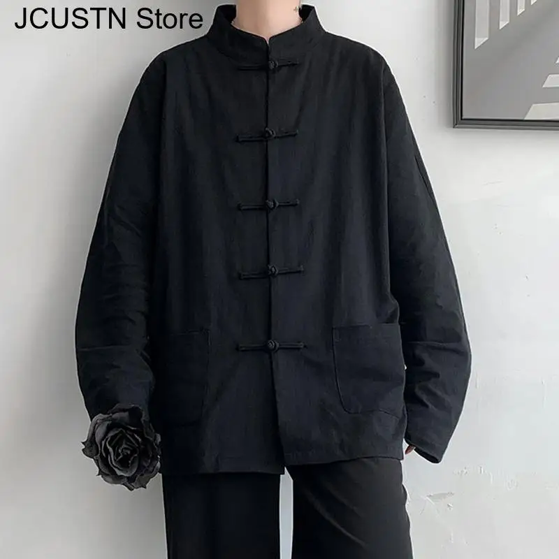 Ropa tradicional china, Top Qipao de algodón Hanfu mejorado, prendas de vestir informales para otoño y primavera, camisa de talla grande para hombre, chaquetas de Kungfu
