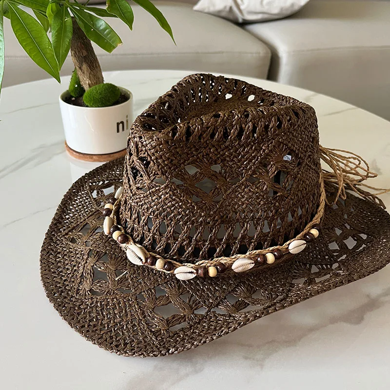 Sombrero de paja de concha bohemia de verano para playa, sombreros de vaquero para hombres y mujeres, cuentas de madera ahuecadas, sombrero de sol de ala ancha occidental, gorra de vacaciones