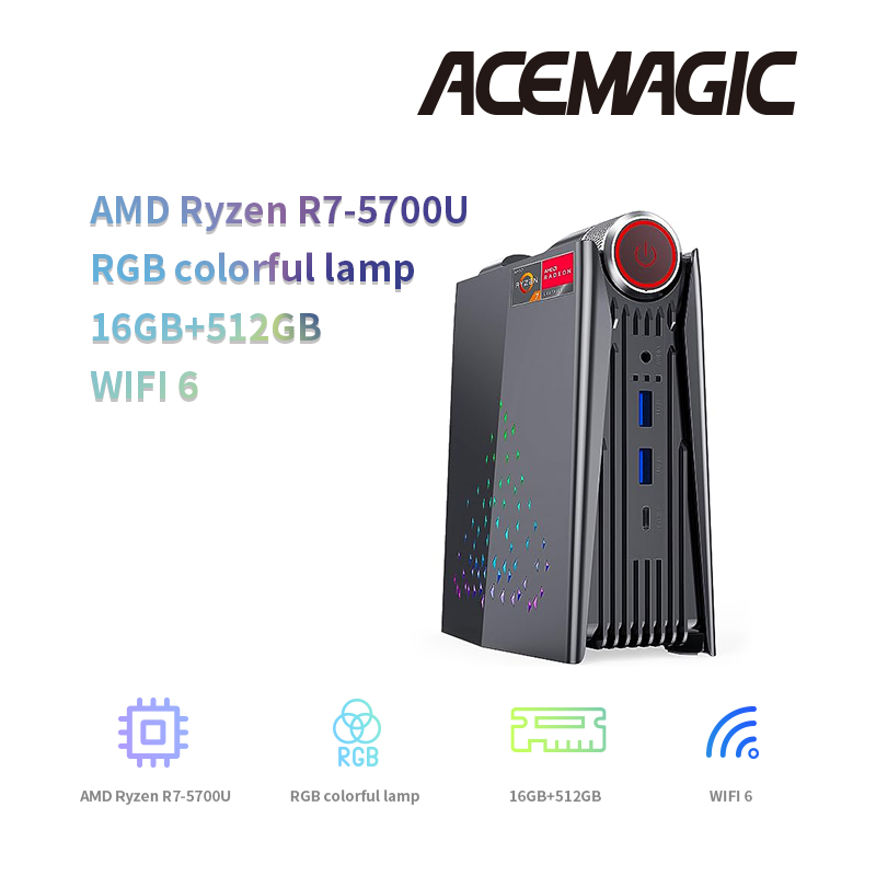 ACEMAGIC-Luz Respiratória Colorida, Mini PC AMR5, AMD Ryzen 7 5700U, DDR4, 16G, SSD512 GB, Windows 11Pro, RGB