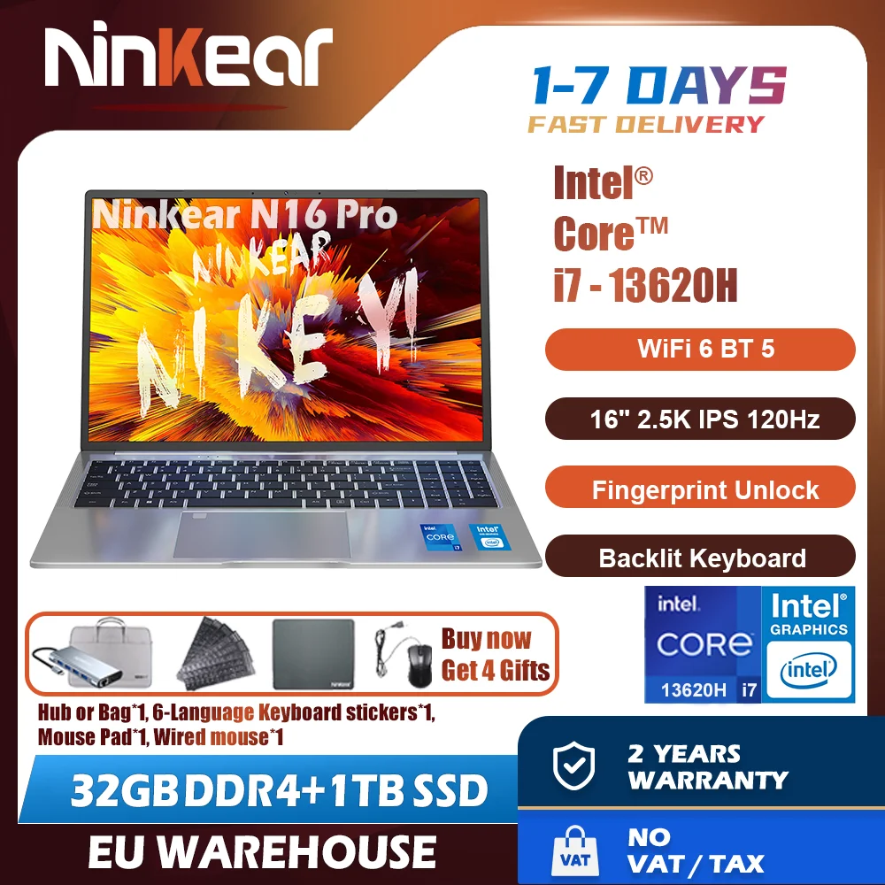 Ninkear N16 Pro Laptop do gier 13. Intel i7-13620H 16-calowy 2,5K IPS 120 Hz Komputer 32 GB DDR4 + 1 TB SSD WiFi 6 Odblokowanie odciskiem palca