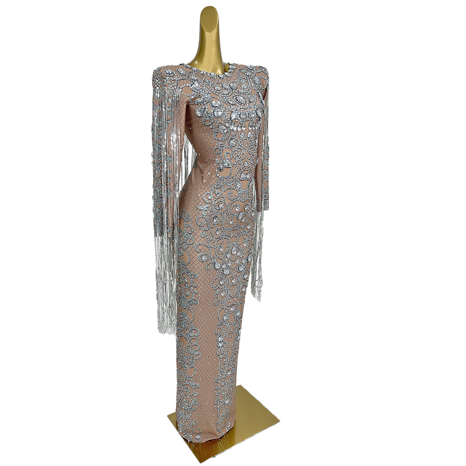 スパンコールの長いタッセルドレス,パーティードレス,ウエディング,結婚式,地面の長さ,ラインストーン,歌手のステージ,ガラ,shuiliandong