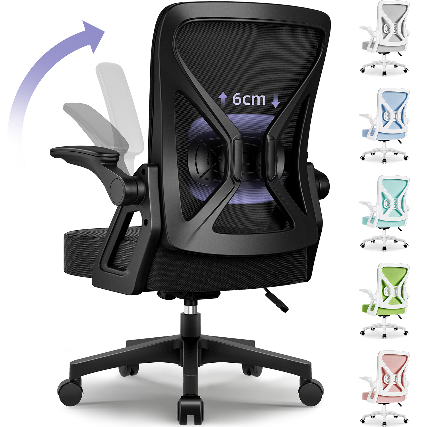 AUTHMIC Ergonomischer Bürostuhl mit Netzrücken, Lordosenstütze, hochklappbare Armlehnen, höhenverstellbar, für die Arbeit im Home-Office-Schreibtisch