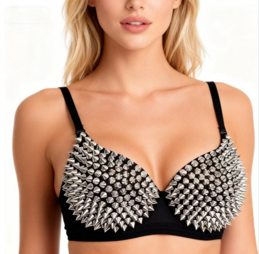 Серебряные заклепки, панк-рейв, бюстгальтер без косточек, нижнее белье, готический бюстгальтер, топ, сексуальный бюстгальтер пуш-ап, ночной клуб, вечеринка, бар, модные горячие бюстгальтеры для женщин