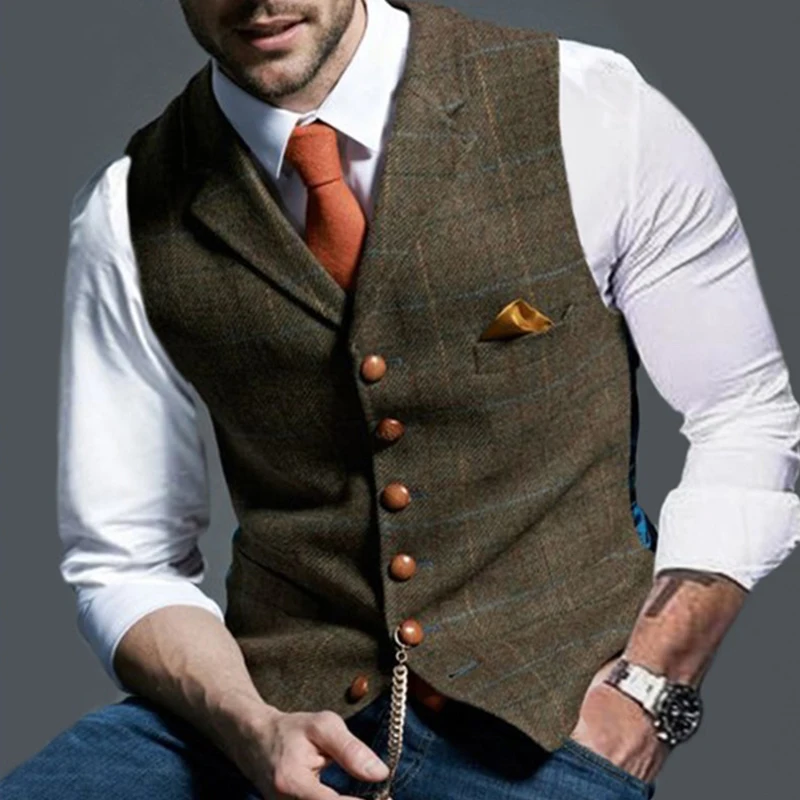 แฟชั่นผู้ชายเสื้อLapel Tweedลายสก๊อตVคอเสื้อกั๊กSlim Fitเสื้อกั๊กธุรกิจอย่างเป็นทางการชุดลําลองงานแต่งงานTuxedoชายเสื้อกั๊ก