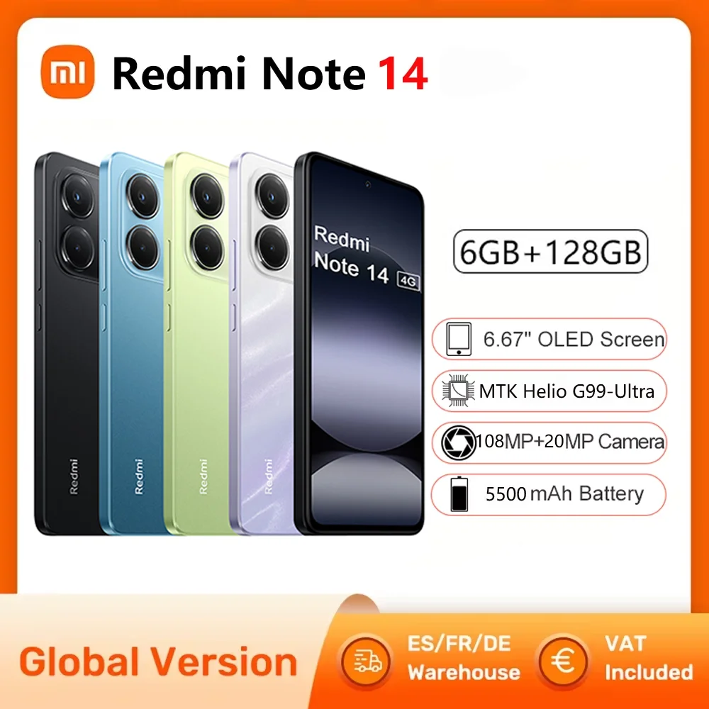 【Marca+】Versión global Xiaomi Redmi Note 14 MediaTek Helio G99-Ultra 108MP AI 5500mAh Pantalla AMOLED de 6,67" 120Hz
