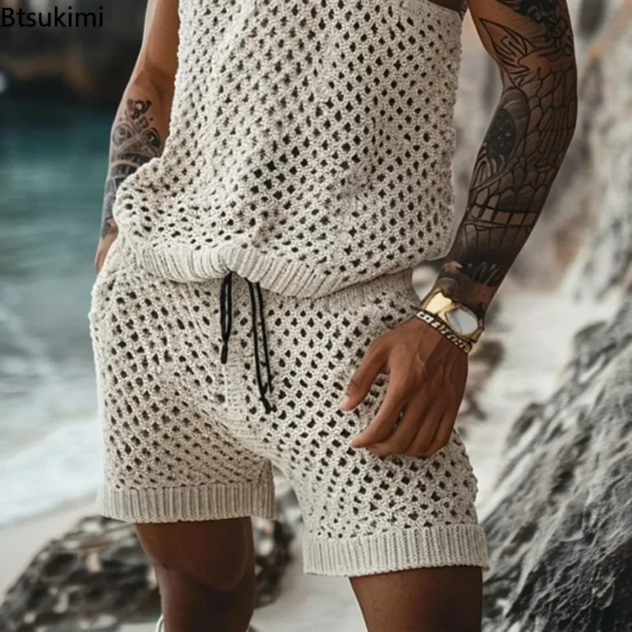 2025 Męskie letnie dwuczęściowe zestawy z dzianiny Moda Solidne luźne podkoszulki i szorty Plażowy strój sportowy Mężczyźni Hollow Out Streetwear