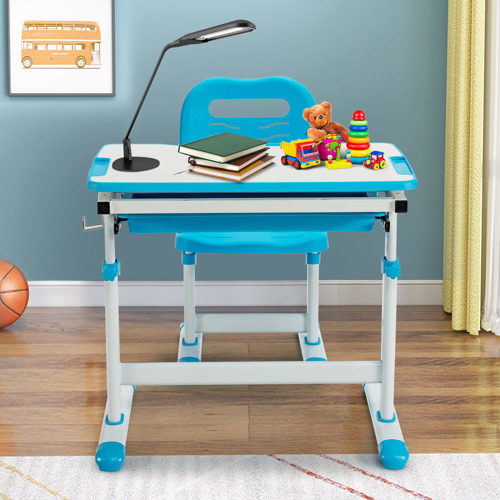 GOFLAME Kids Desk & Chair Set, Height Adjustable Study Table with Tilting Tabletop, Large Pull-out Drawer & Metal Hook
