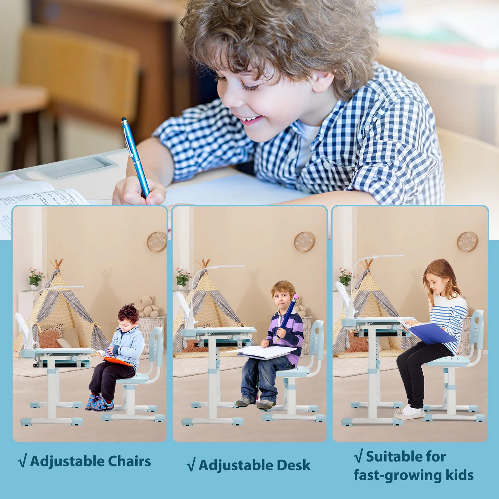 Conjunto de mesa e cadeira para crianças, mesa e cadeira de estudo escolar com altura ajustável com 55 °   Desktop inclinável, 3 modos e 3 lâmpadas LED de brilho,