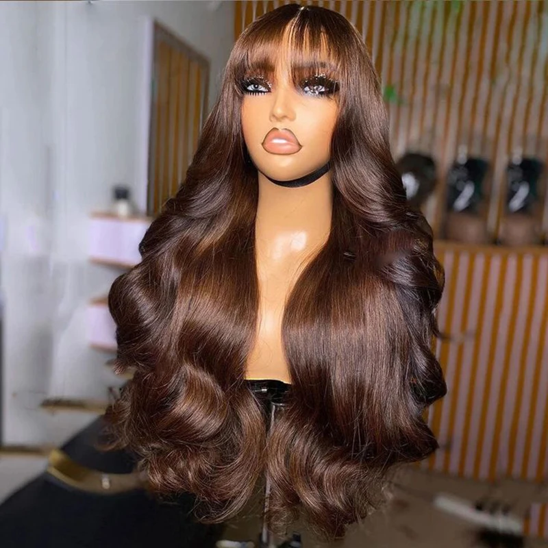 Chocolate marrom 13x6 hd laço frontal peruca de cabelo humano com franja onda do corpo peruca dianteira do laço colorido 4 #   Perucas baratas com estrondo