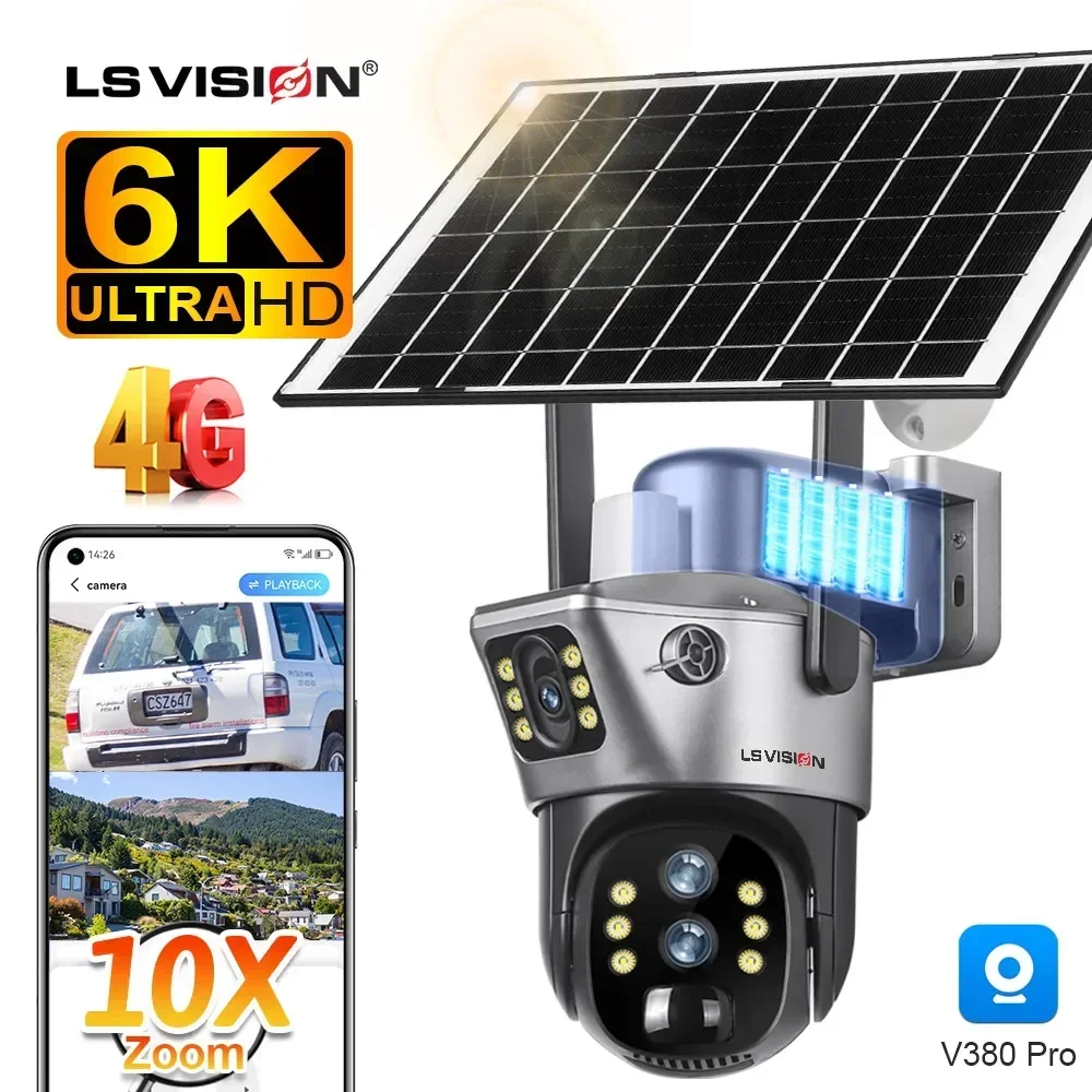 LS VISION 12MP 10X Zoom 4G Sim pantalla Dual cámara Solar PTZ al aire libre 6K tres lentes protección de seguridad seguimiento automático cámaras CCTV