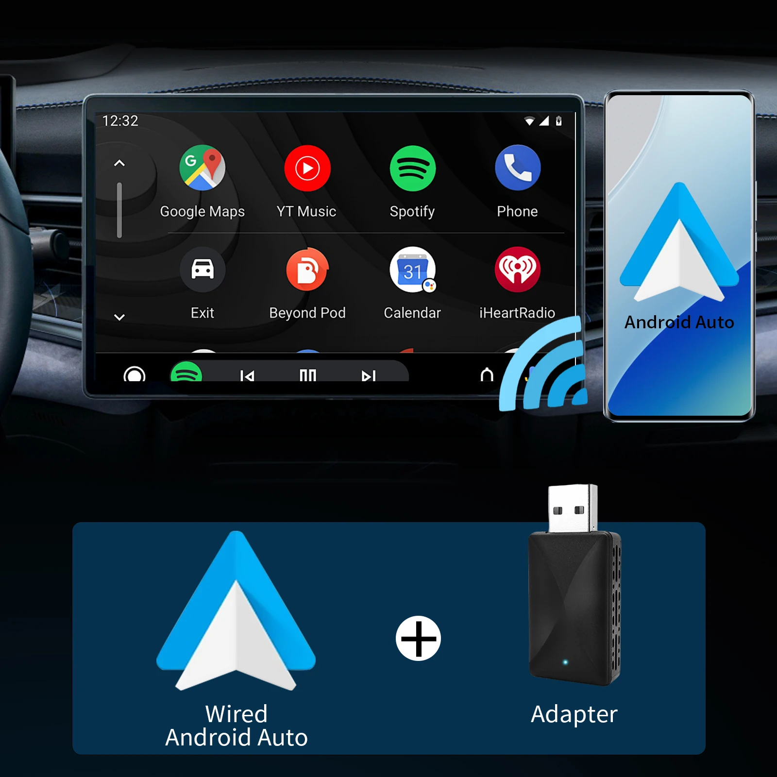 2-in-1 draadloze CarPlay & Android Auto-adapter, Plug & Play CarPlay converteert bedraad naar draadloos, snelle automatische verbinding, geen vertraging