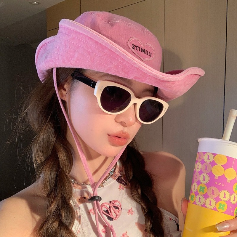 Японские потертые ковбойские шляпы в стиле ретро для женщин, весенне-летние уличные кемпинговые солнцезащитные кепки, милые розовые кепки-ведра Love