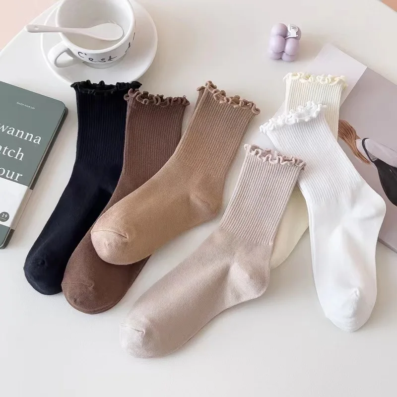 Calcetines de longitud media con volantes para mujer, conjunto de Color sólido transpirable, cómodo y absorbente de sudor, primavera y otoño, lote de 6 pares