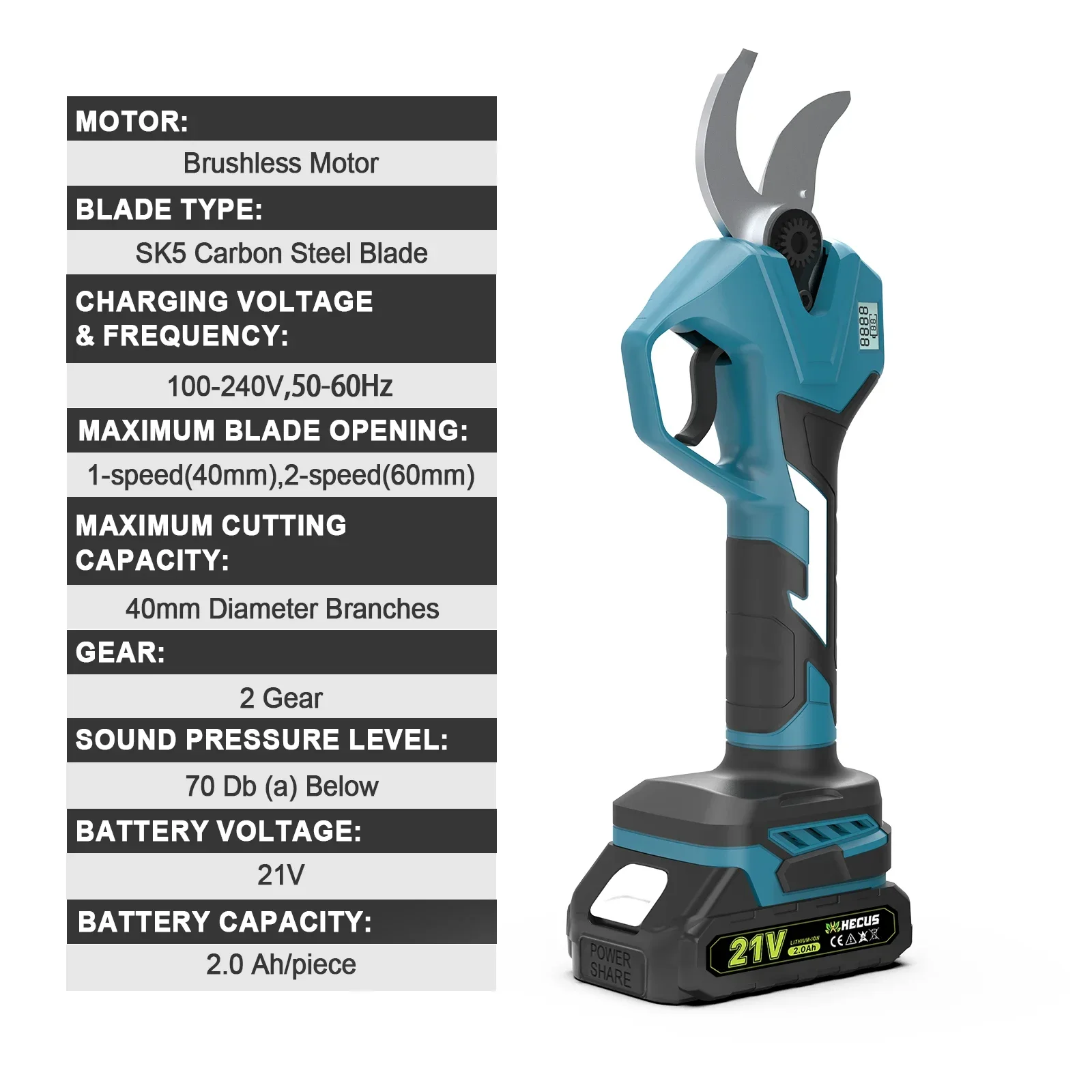 Hecus 40mm Brushless Electric Pruning Shear 2Gear Electric Scissors Orchard Shrub Branch Pruning Tool For Makita 18V Battery Pin