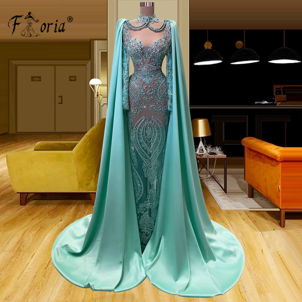 Vestidos De Noche formales De sirena De Dubái De lujo con cuentas De capa, vestidos De fiesta verdes De cristal, vestido De celebridad árabe saudita, bata De velada