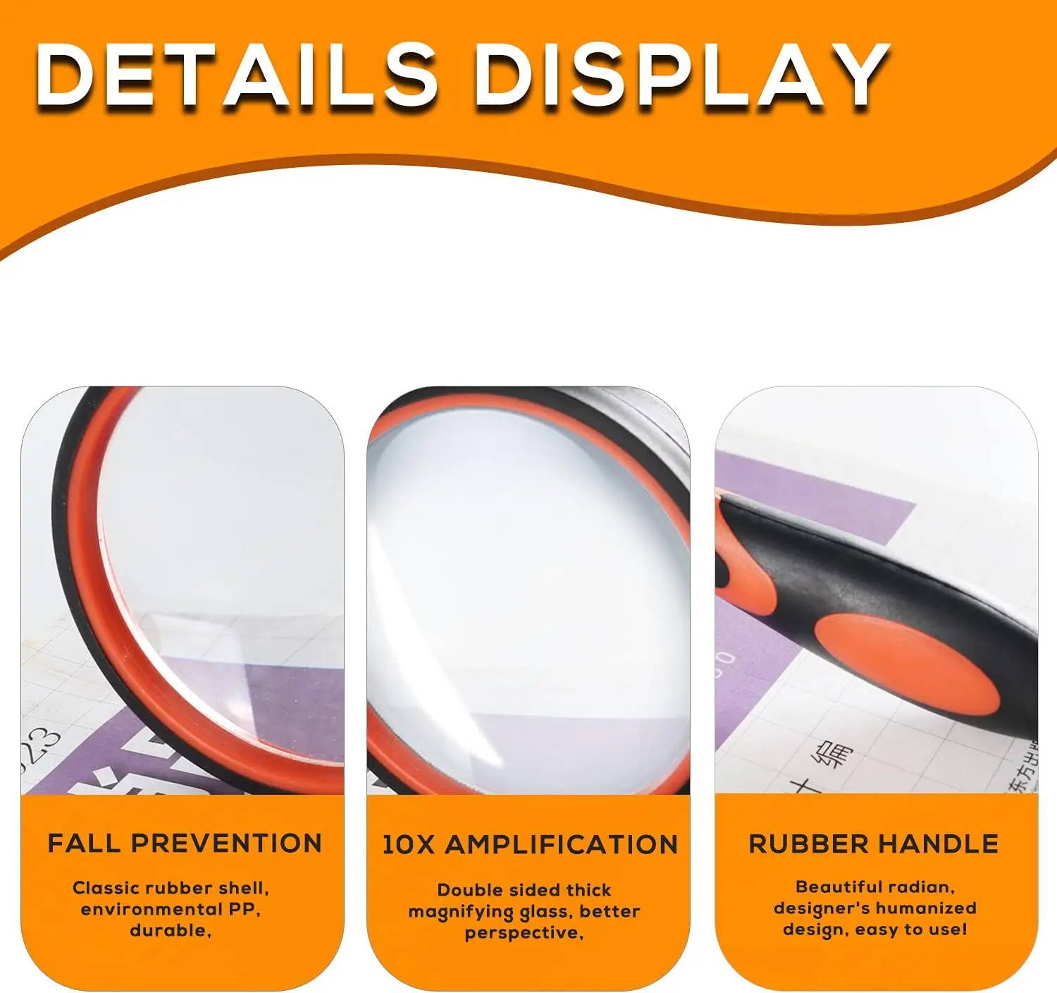 Handheld Magnifying Glass 10x Kids Seniors Magnifier Reading Exploration Non-Slip Shatterproof Magnifying Lens 50/65/75/100mm