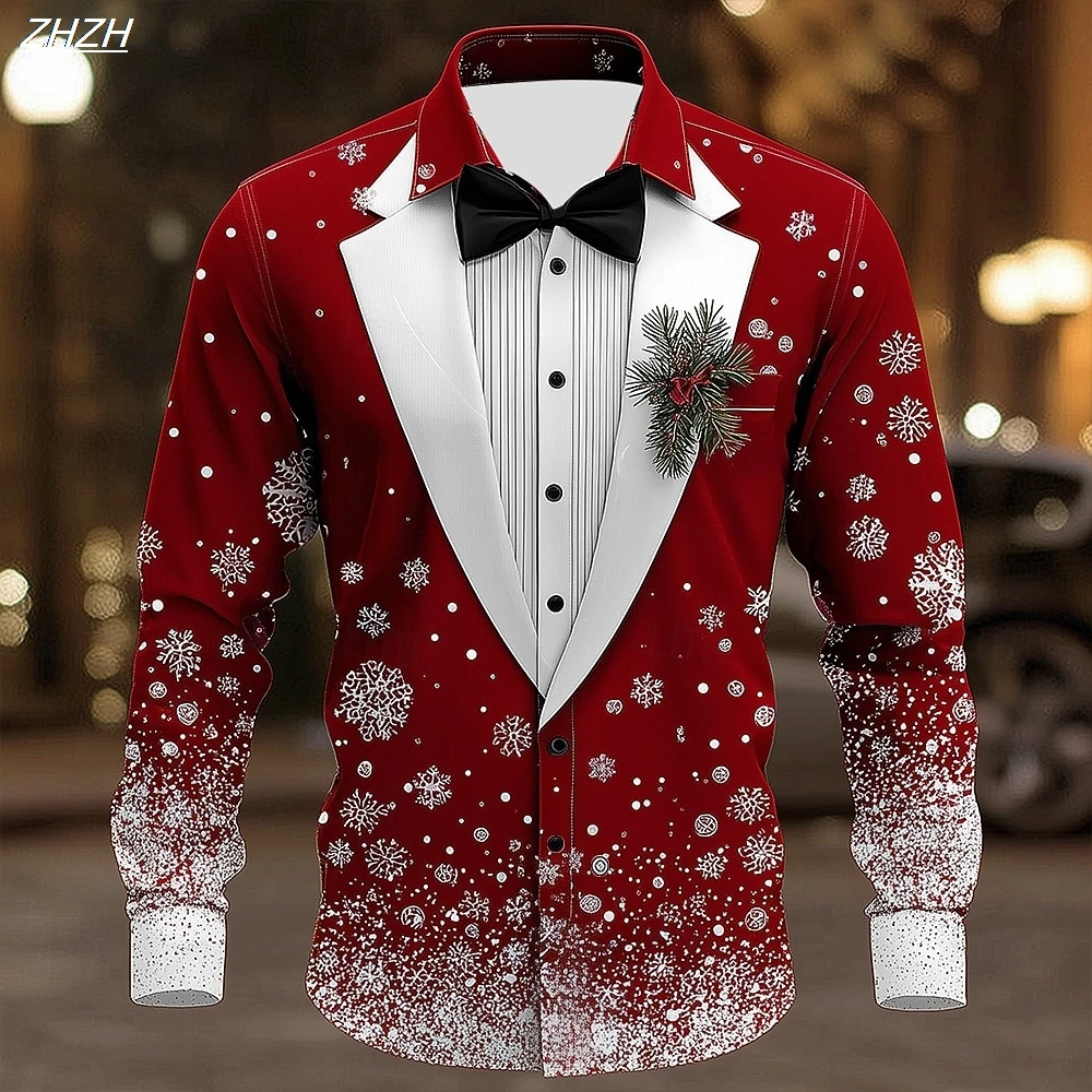 Camicia formale da uomo con fiocco di neve di Natale 2025, design con cravatta stampata in 3D, stile smoking elegante, abito da sposa per feste, abbigliamento primaverile