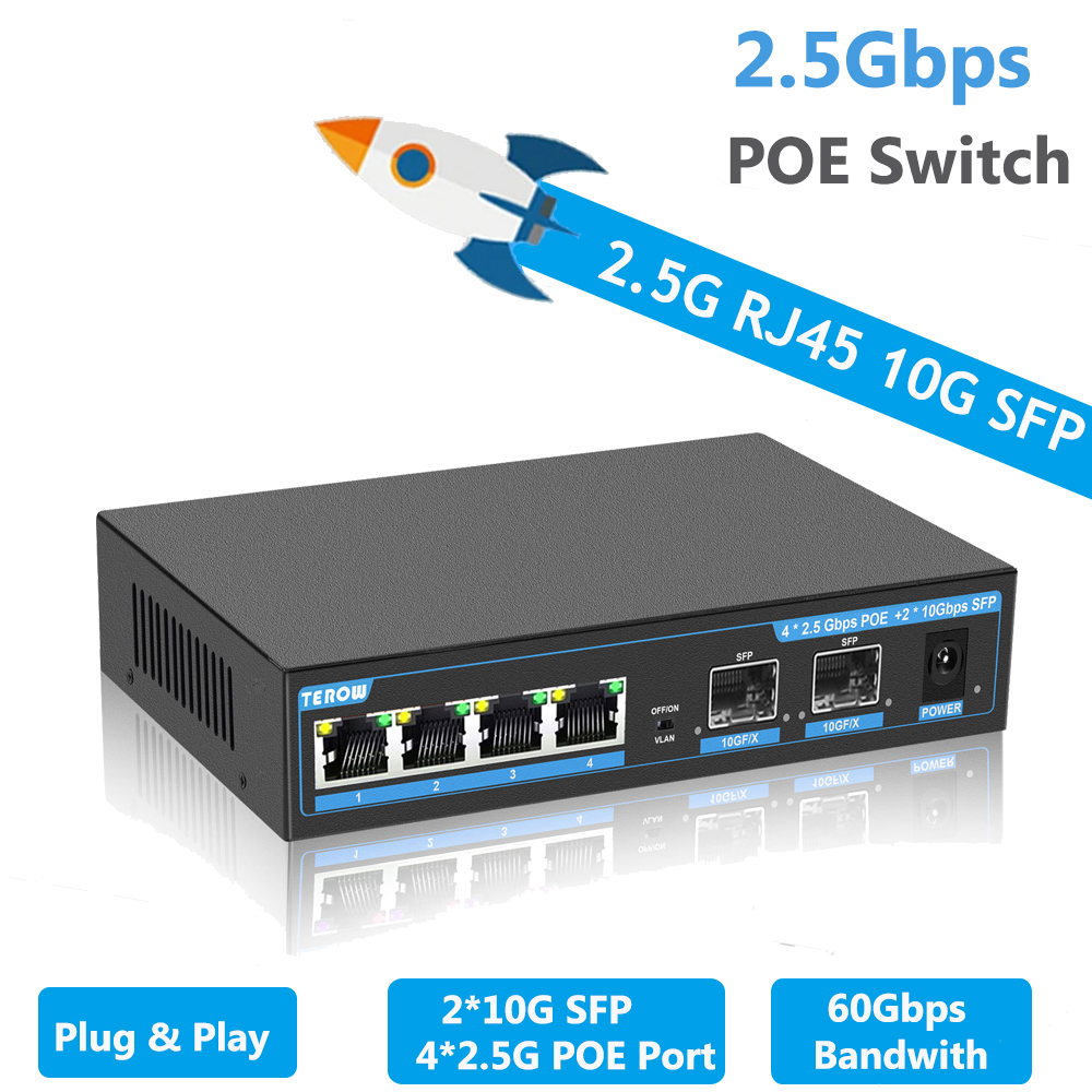 Conmutador POE de 2,5G, interruptor Gigabit de 4 puertos RJ45 POE 10G SFP Uplink, conmutador Ethernet de red no administrado para cámara ip, aplicación inalámbrica