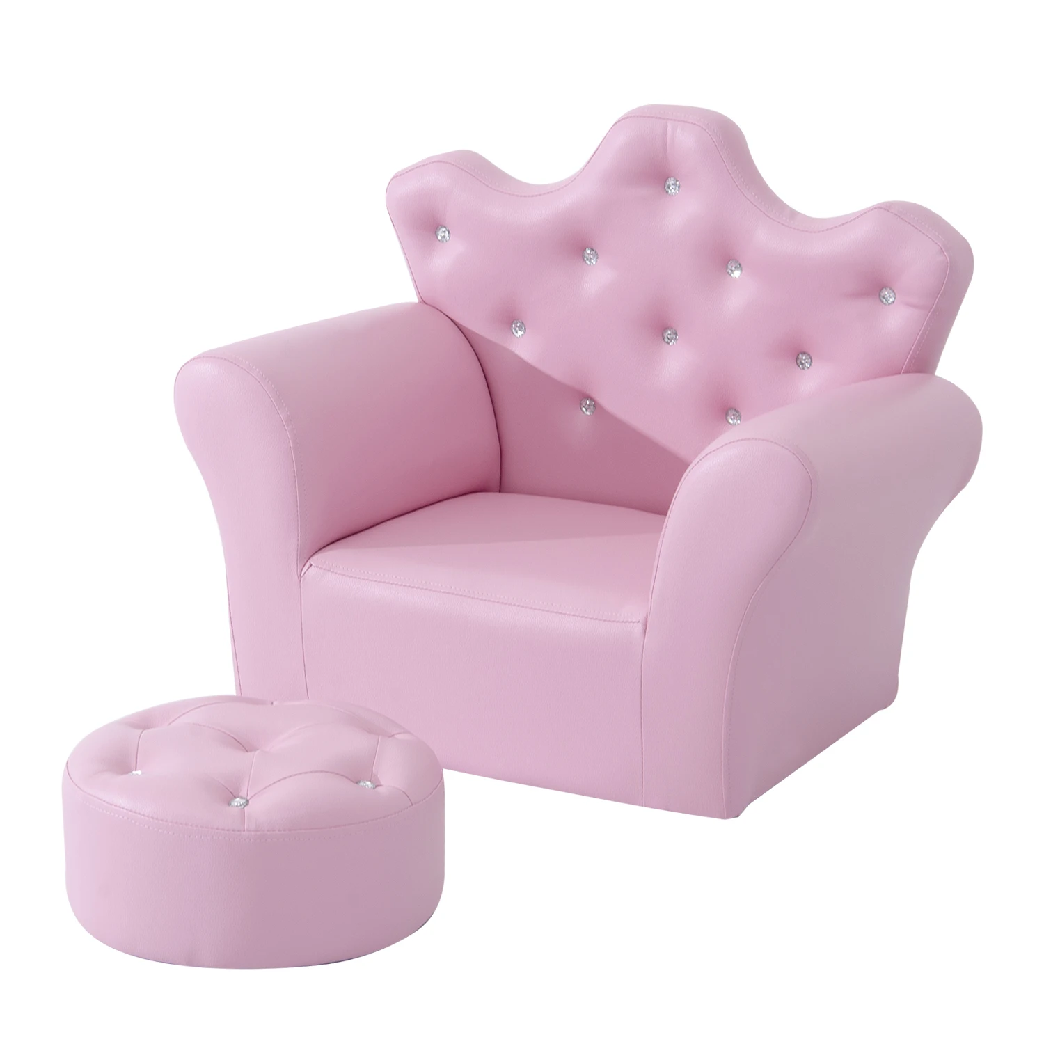 Kids Sofa Set with Footstool, Princess Sofa with Diamond Decoration, Pink