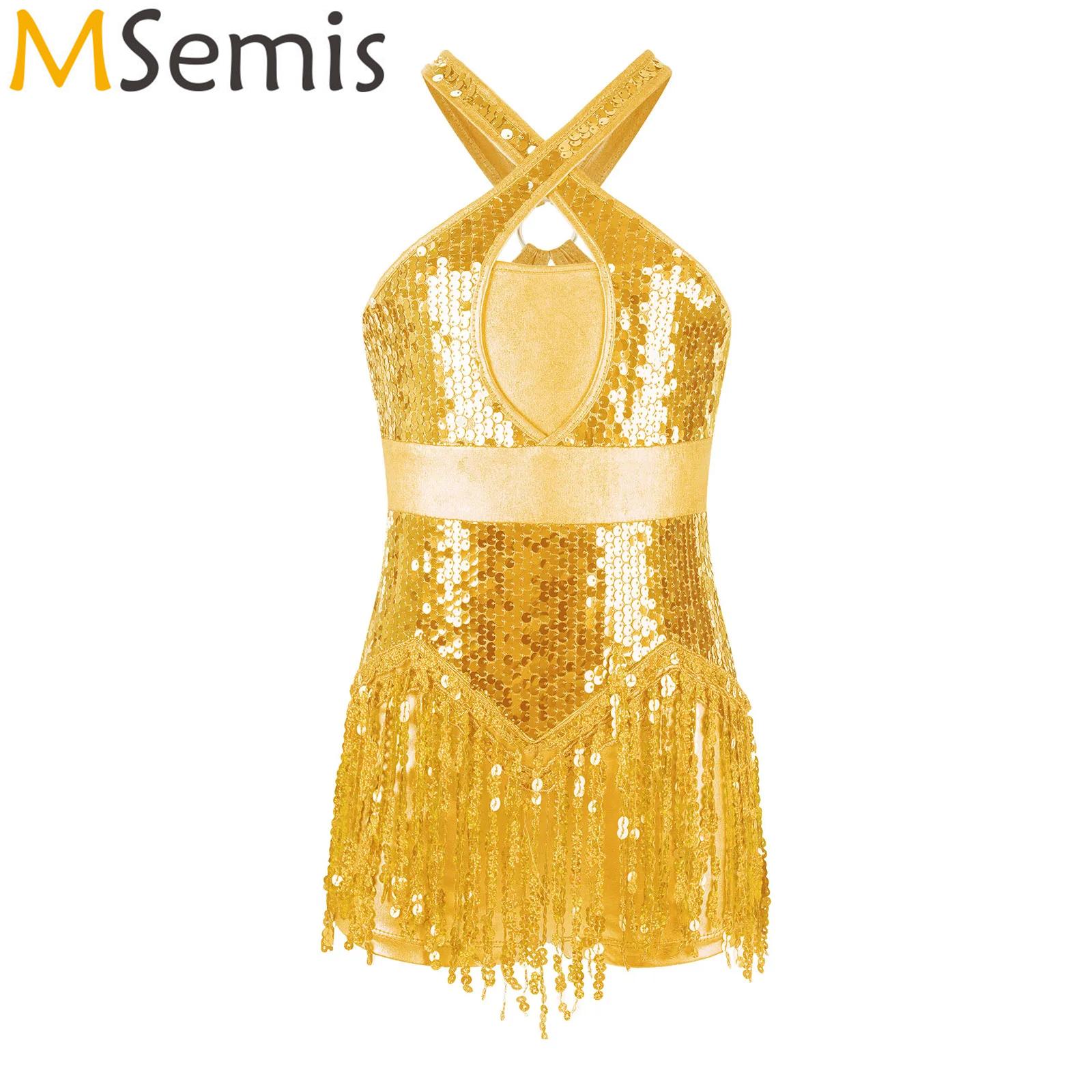 Kinder Mädchen Latin Ballett Jersey Tanz Outfits Cha-Cha Performance Kostüm Pailletten Quaste Saum Rock Gesellschaftstanz Trikot Kleid