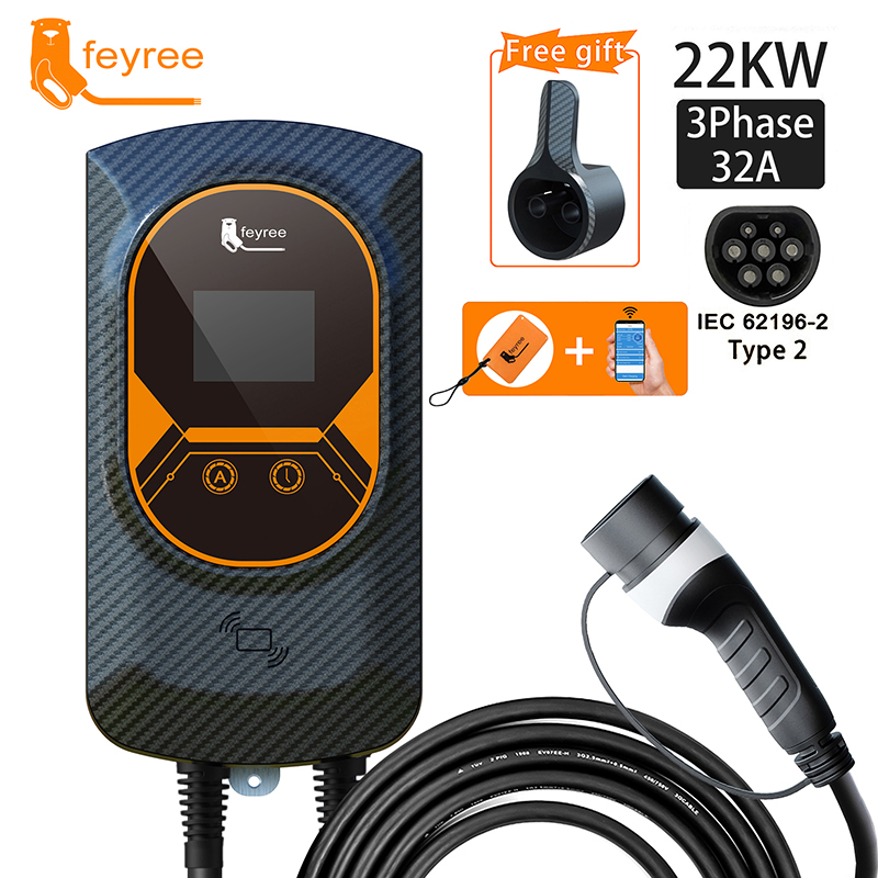 Feyree-estación de carga EV 32A, cargador de vehículo eléctrico para coche, EVSE Wallbox, montaje en pared, 7,6/11/22KW, Cable tipo 2, Control por aplicación IEC62196