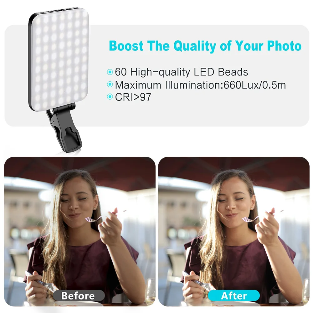 Minifocus Selfie-Licht, 60 LEDs, 2200 mAh, wiederaufladbares Handy-Fülllicht, 7 Modi, 10-stufige Helligkeit, tragbares Clip-on-Licht