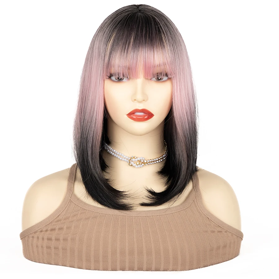 14-inch chique korte rechte roze tot zwart gradiëntpruik met pony synthetisch haar voor dames, perfect voor dagelijks gebruik op feest
